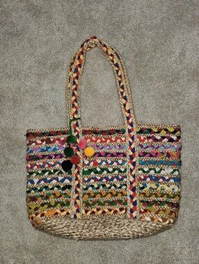 Colorful Woven Straw Tote Bag with Pom Pom Accents